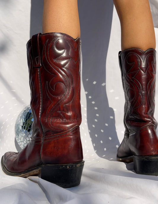 Vintage Cowboy Boots - DEEP CHERRY RED, SIZE 10