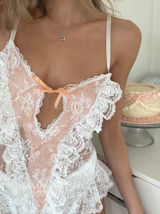 Vintage Lace Teddy - Pink/White