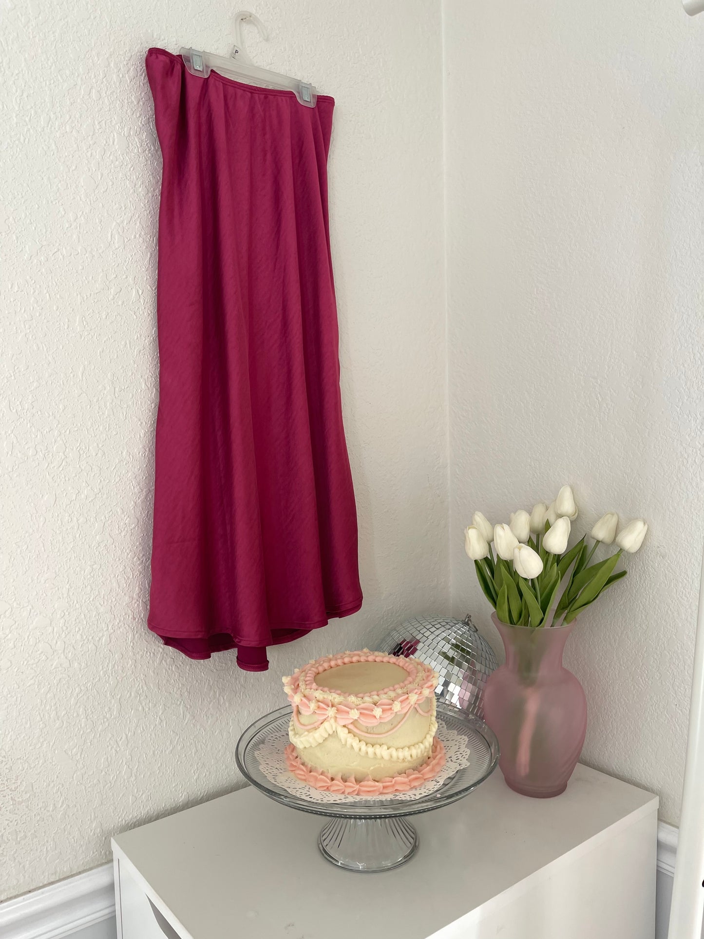 Pink Satin Midi Skirt