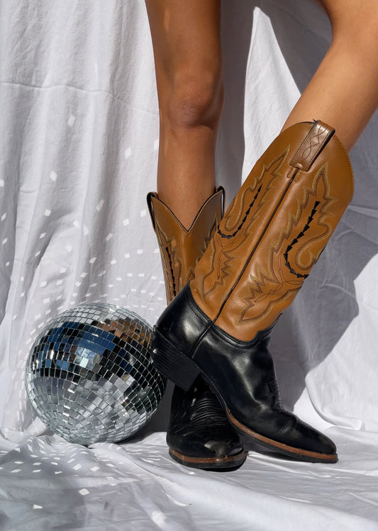 JUSTIN Black & Tan Cowboy Boots - SIZE 7.5/8