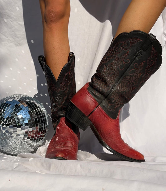 ARIAT Scalloped Edge Cowboy Boots - RED/BLACK, SIZE 8.5