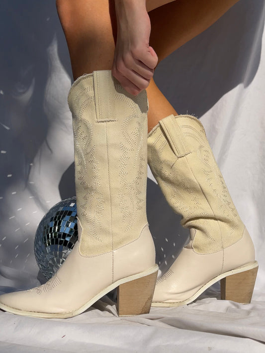 Heeled Denim Cowboy Boots - WHITE/CREAM, SIZE 7.5