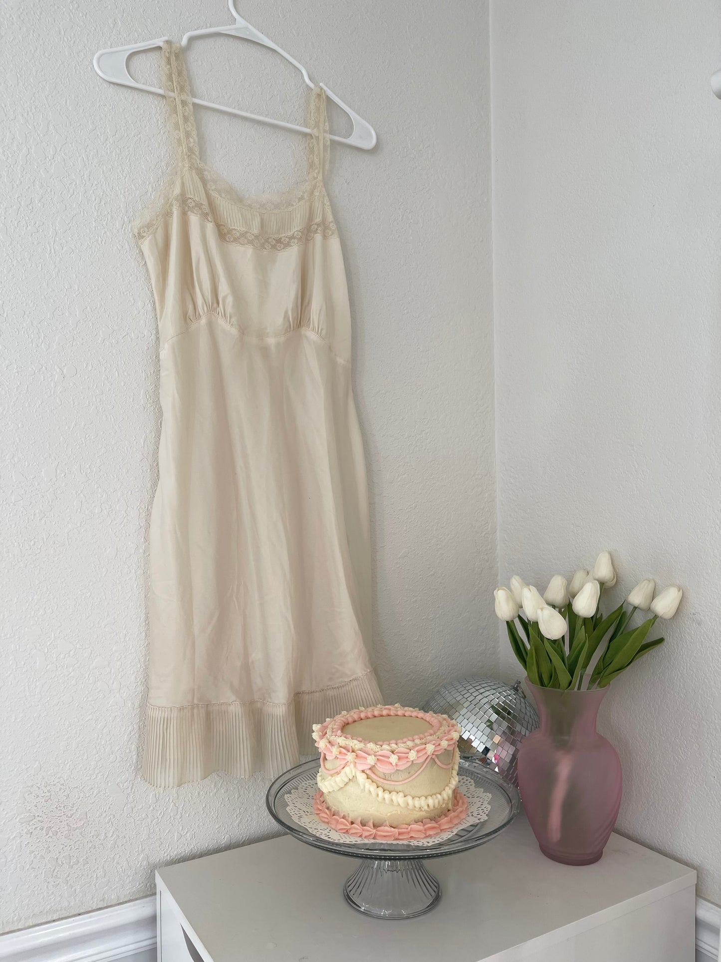 Vintage Ruffle Edge Ivory Slip Dress