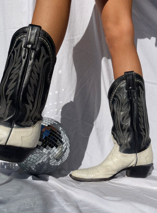 JUSTIN Crocodile Cowboy Boots BLACK & WHITE - SIZE 6.5
