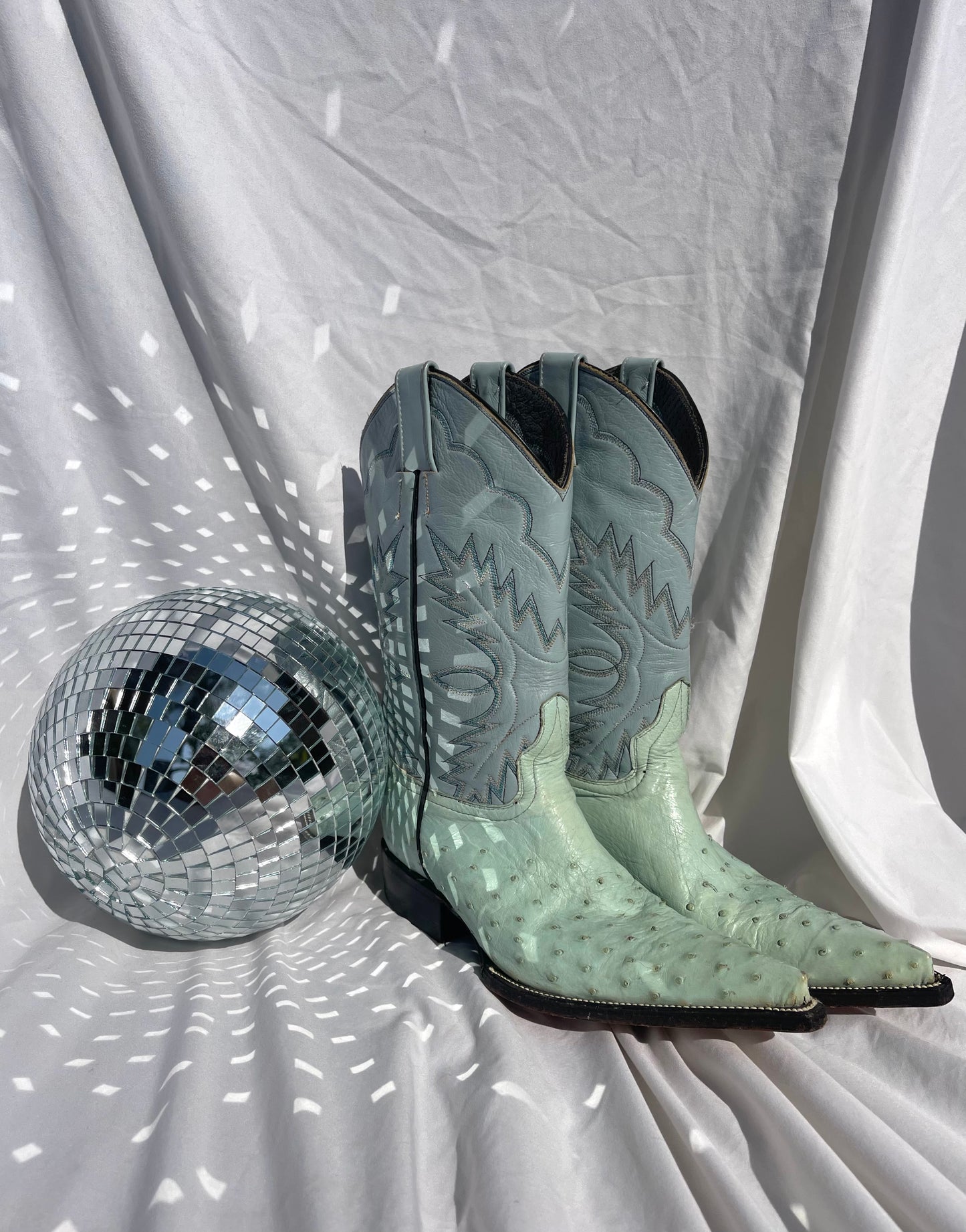 Vintage Textured Cowboy Boots - PALE GREEN/PALE BLUE, SIZE 7.5