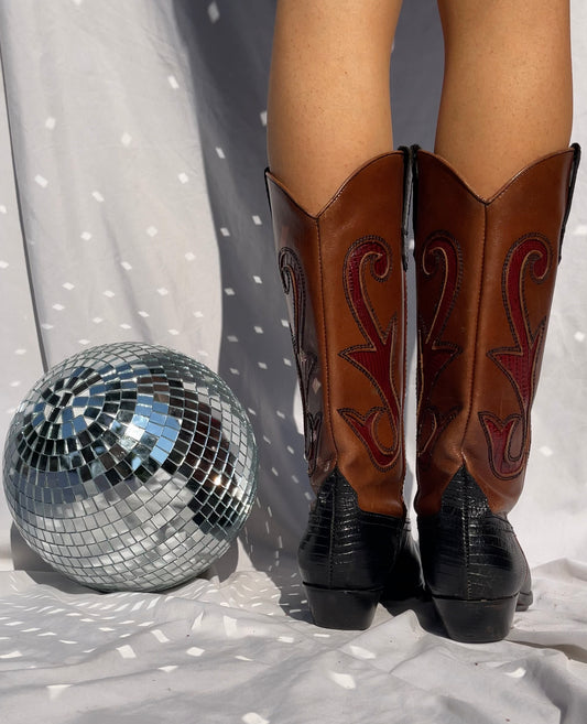 NINE WEST Vintage Cowboy Boots - RED/BROWN/BLACK, SIZE 5.5