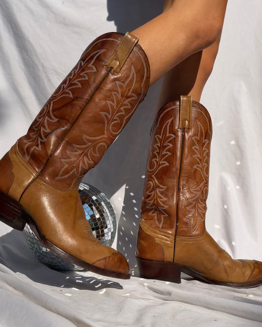 J. CHISHOLM Two Toned Cowboy Boots - TAN/BROWN, SIZE 9